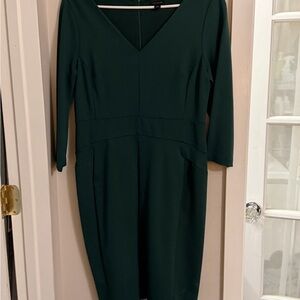 Ann Taylor Deep Green V-Neck Midi Sheath Dress